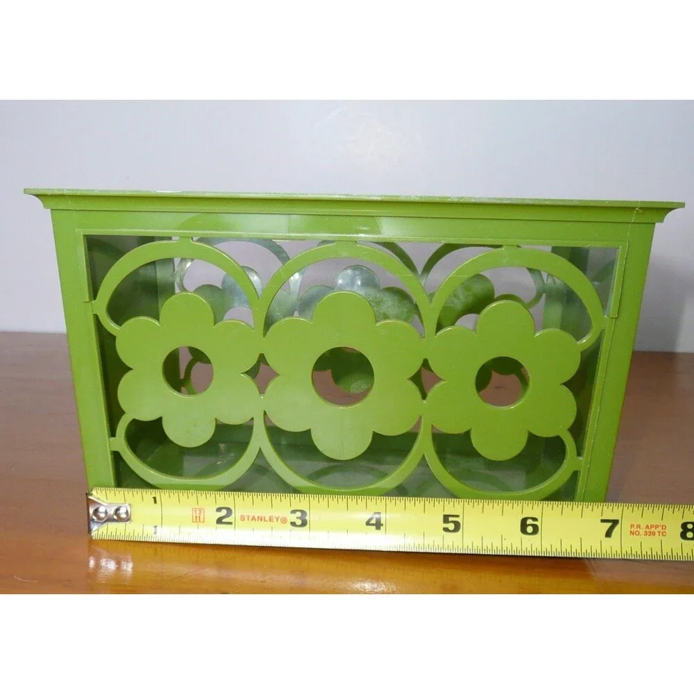 Vintage Avocado Green Daisy Flower Plastic Napkin Holder Basket Boho 70s Decor